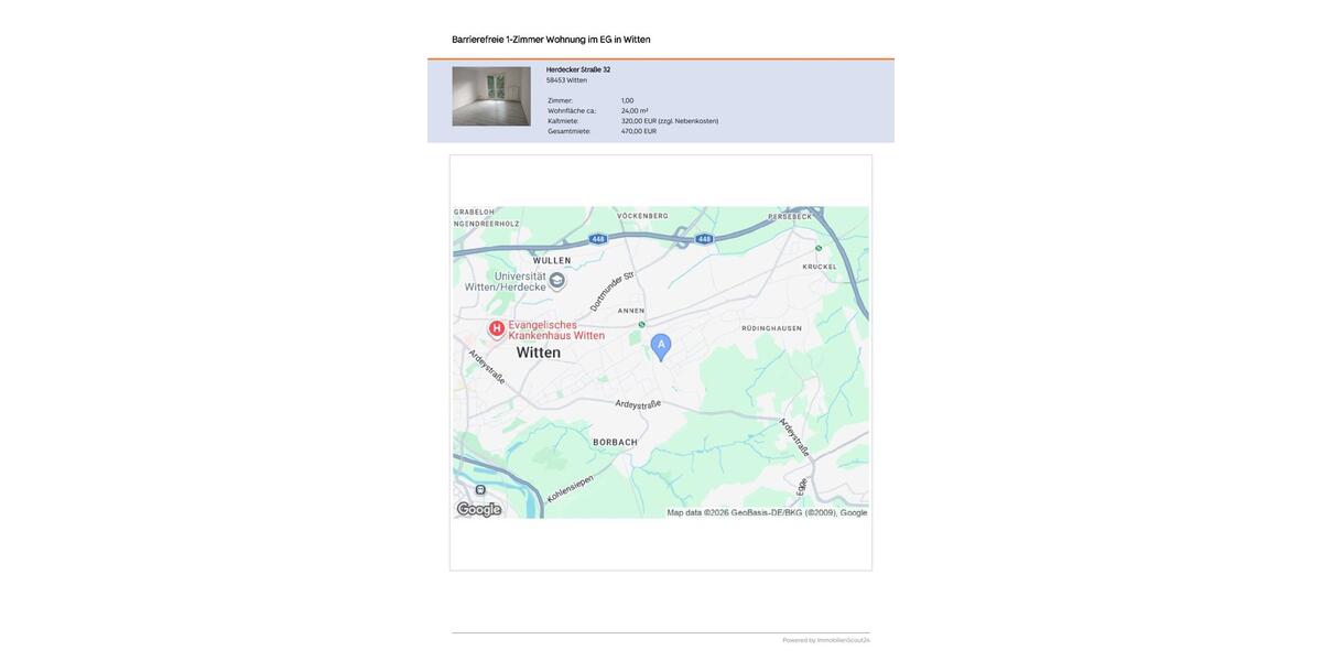 Erdgeschoßwohnung Witten Annen - 1 Zimmer, 24 m&sup2;, 320&euro; | Angebot:25957363