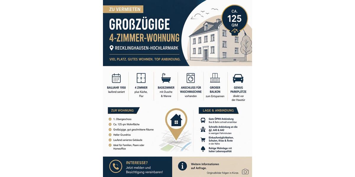 Etagenwohnung Recklinghausen Grullbad - 2 Zimmer, 125 m&sup2;, 1.100&euro; | Angebot:26567446
