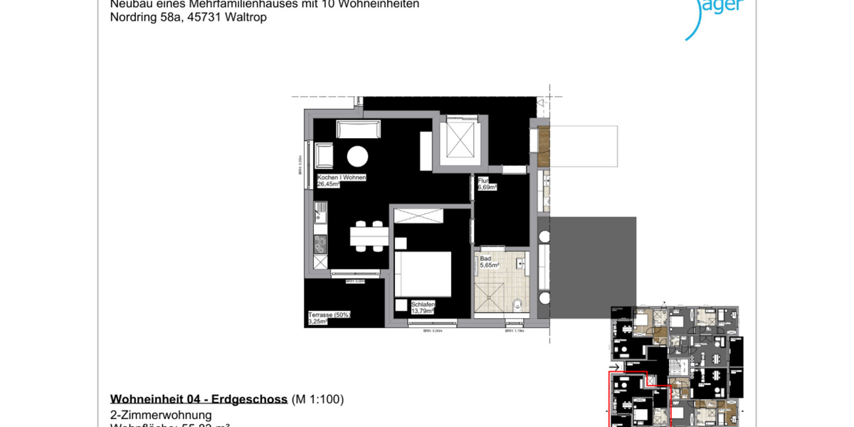 Erdgeschoßwohnung Waltrop - 2 Zimmer, 56 m&sup2;, 810&euro; | Angebot:24428782