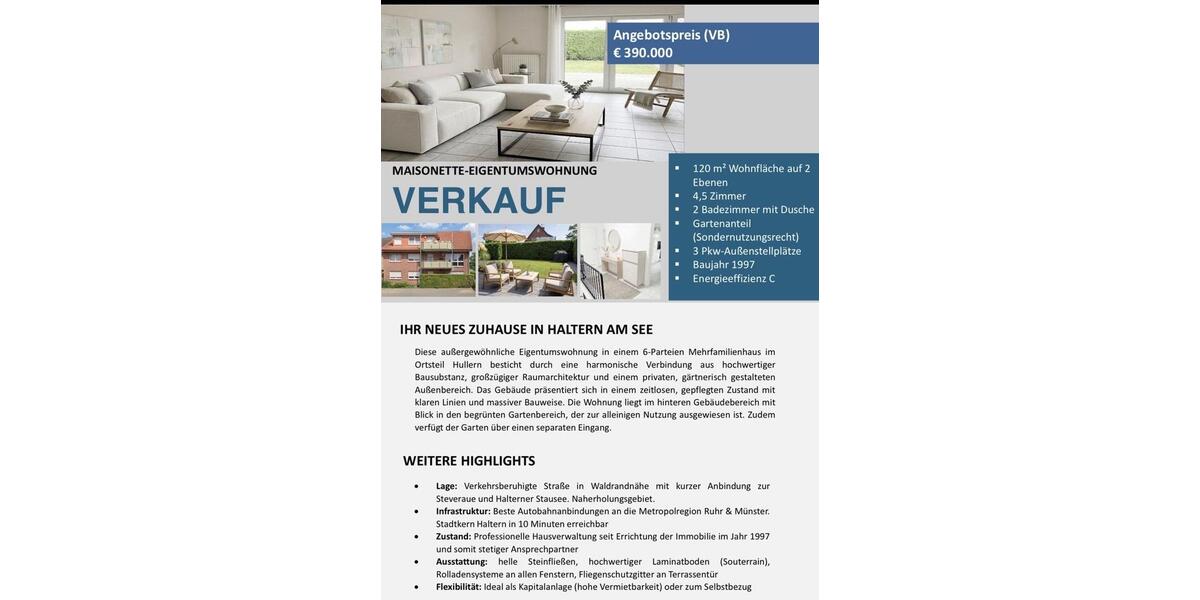 Maisonettenwohnung Haltern am See - 4.5 Zimmer, 120 m&sup2;, 390.000&euro; | Angebot:27137834