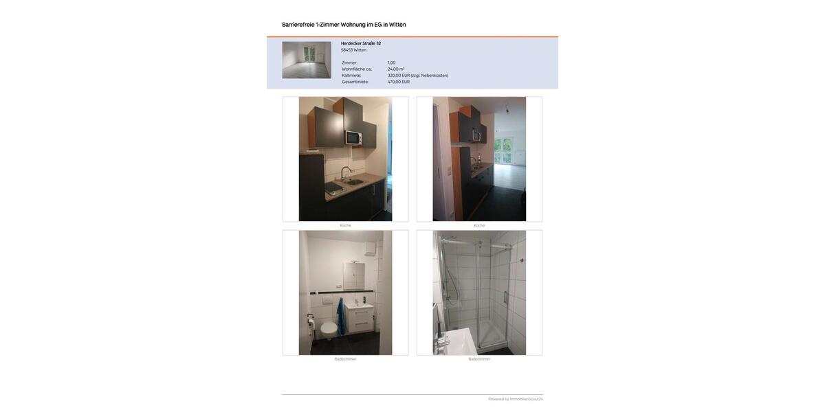 Erdgeschoßwohnung Witten Annen - 1 Zimmer, 24 m&sup2;, 320&euro; | Angebot:25957363