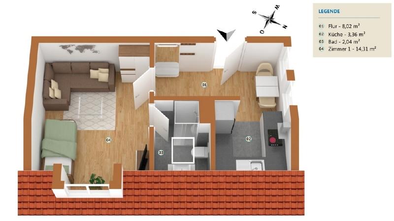 Etagenwohnung Duisburg Huckingen - 1 Zimmer, 28 m&sup2;, 330&euro; | Angebot:26723124